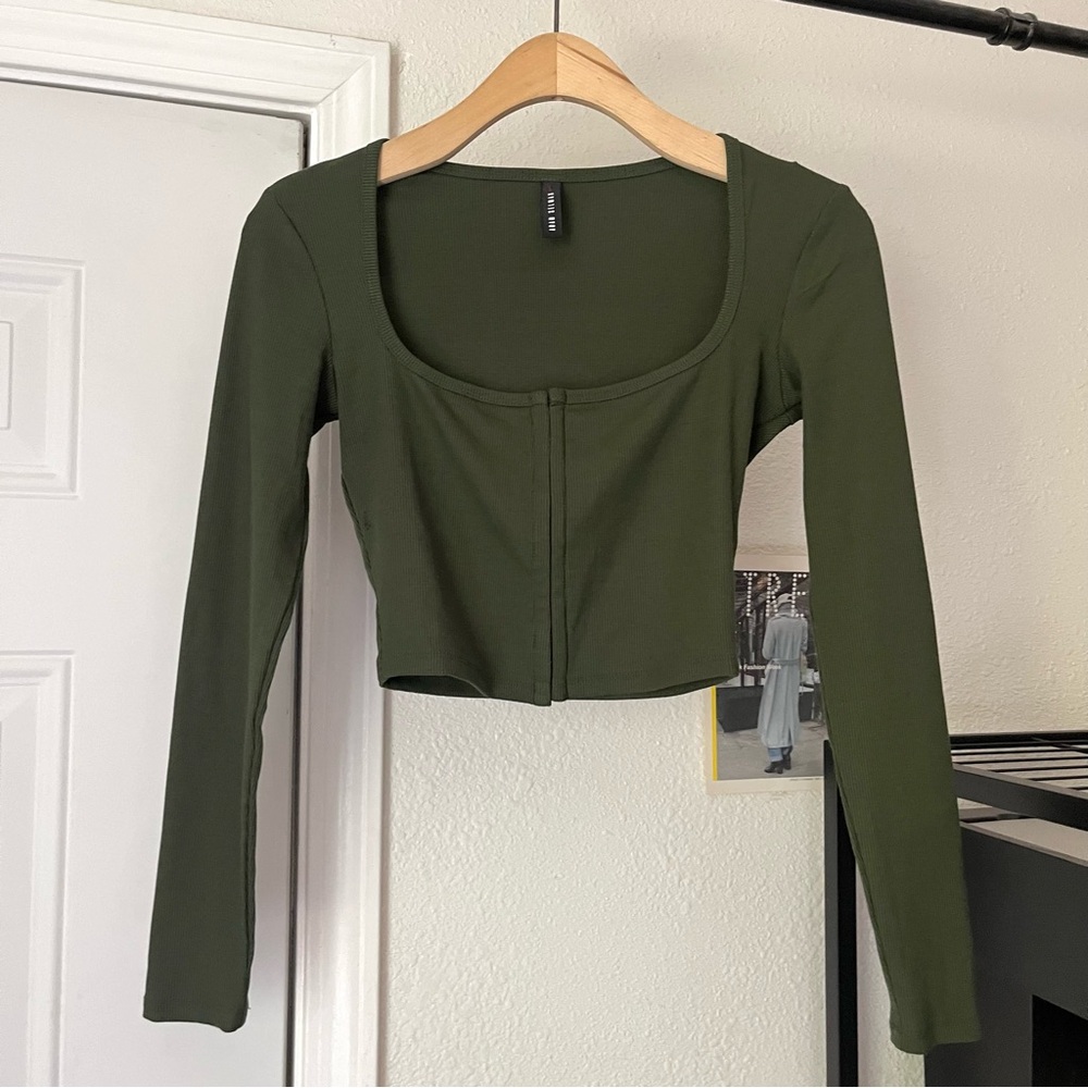 ADAM SELMAN olive army green rib knit chunky scoop square neck cropped top‎